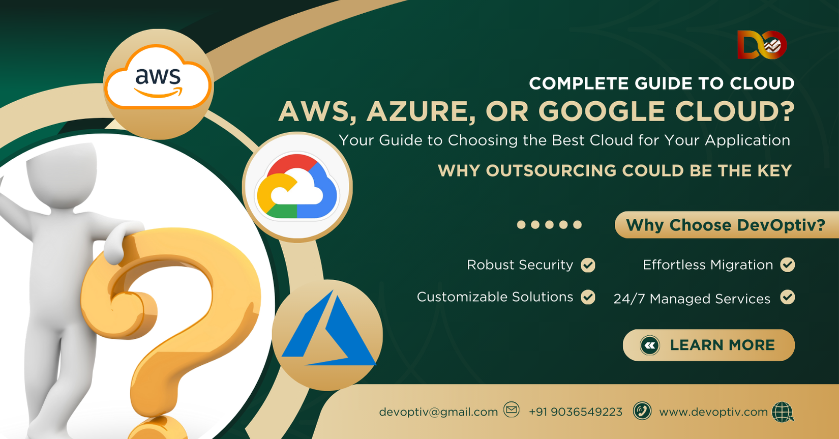 A comparison chart or infographic showcasing AWS, Azure, and Google Cloud features, with a focus on application suitability and outsourcing benefits.