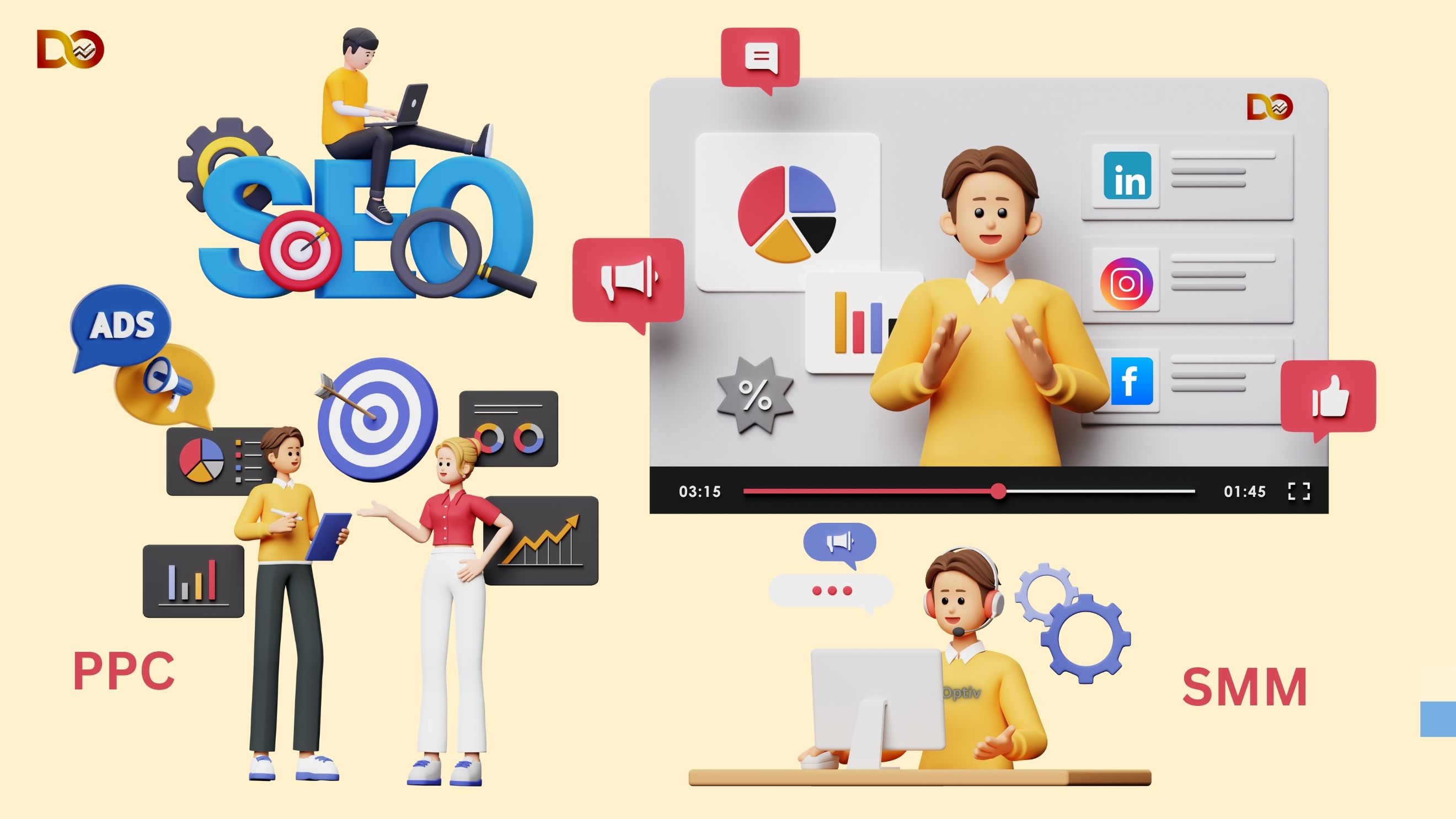 3D illustration showcasing interconnected elements of Social Media Marketing, Search Engine Optimization, and Pay-Per-Click strategies for business growth.