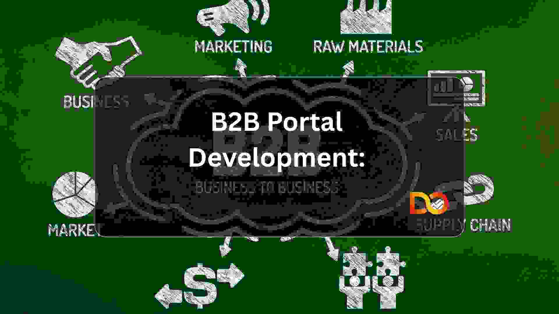 B2B portal development concept showing business process, marketing, sales, and supply chain integration