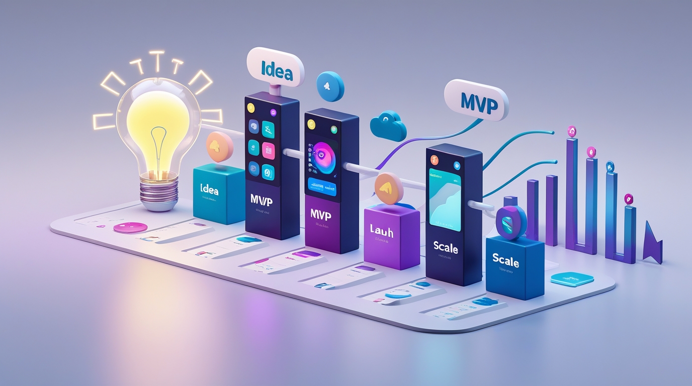 Illustration showing the MVP development process from idea to launch and scale, representing startup stages, cost, and time to build an MVP mobile app.