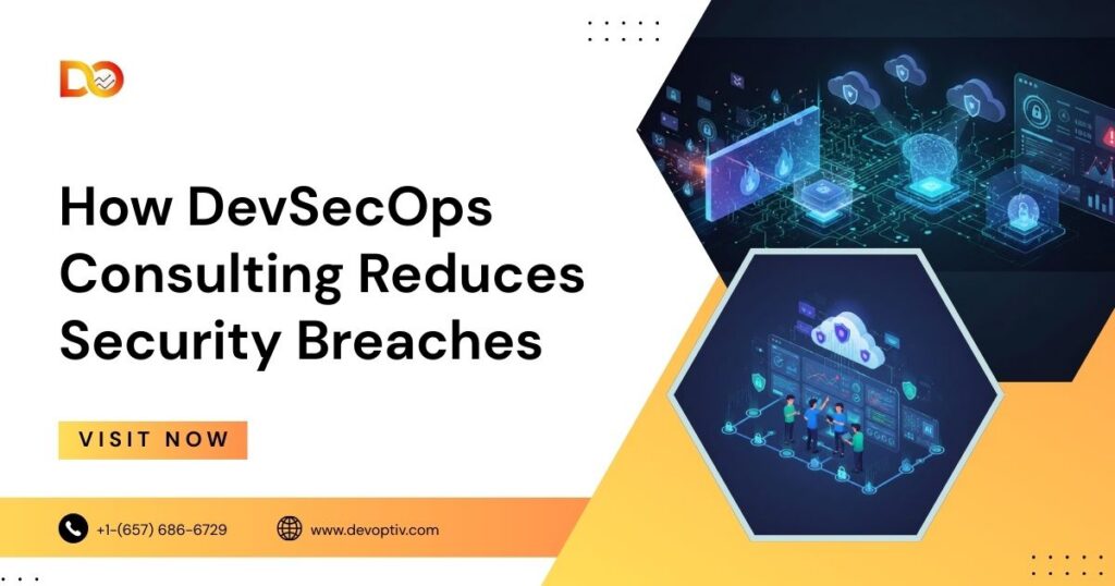 DevSecOps consulting illustration showing secure cloud infrastructure, automated security monitoring, and teams collaborating to reduce cybersecurity breaches.