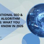 Banner showcasing International SEO & Google Algorithm Updates 2026 with global digital analytics dashboard and world map, by DevOptiv.