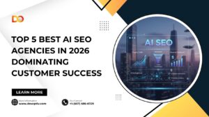 Modern promotional banner for DevOptiv showcasing “Top 5 Best AI SEO Agencies in 2026 Dominating Customer Success” with AI analytics dashboard visuals, organic traffic graphs, revenue metrics, and contact details including website