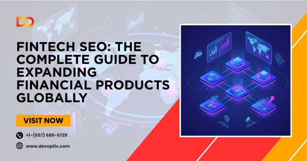 Fintech SEO guide banner showing digital financial platforms connected globally with analytics dashboards and growth charts.