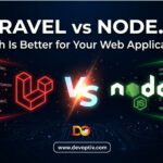 Comparison banner of Laravel and Node.js featuring framework logos, backend code snippets, and a visual versus layout highlighting differences for modern web application development and performance evaluation.