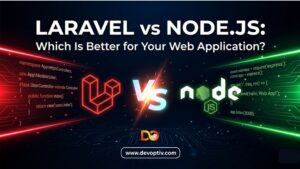 Comparison banner of Laravel and Node.js featuring framework logos, backend code snippets, and a visual versus layout highlighting differences for modern web application development and performance evaluation.