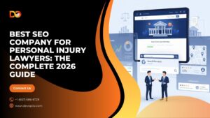 Graphic banner showing “Best SEO Company for Personal Injury Lawyers: The Complete 2026 Guide” with law firm website mockup, Google ranking elements, and Devoptiv branding.