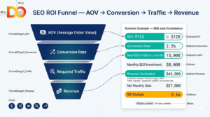 SEO ROI funnel showing average order value, conversion rate, required organic traffic, and revenue generated from SEO investment.